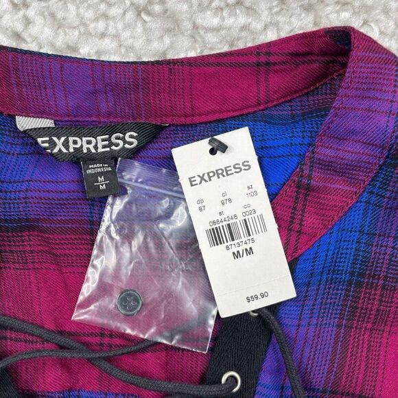 Express Plaid Lace Up Tunic Blouse Blue Pink NEW DEFECT - Picture 4 of 9